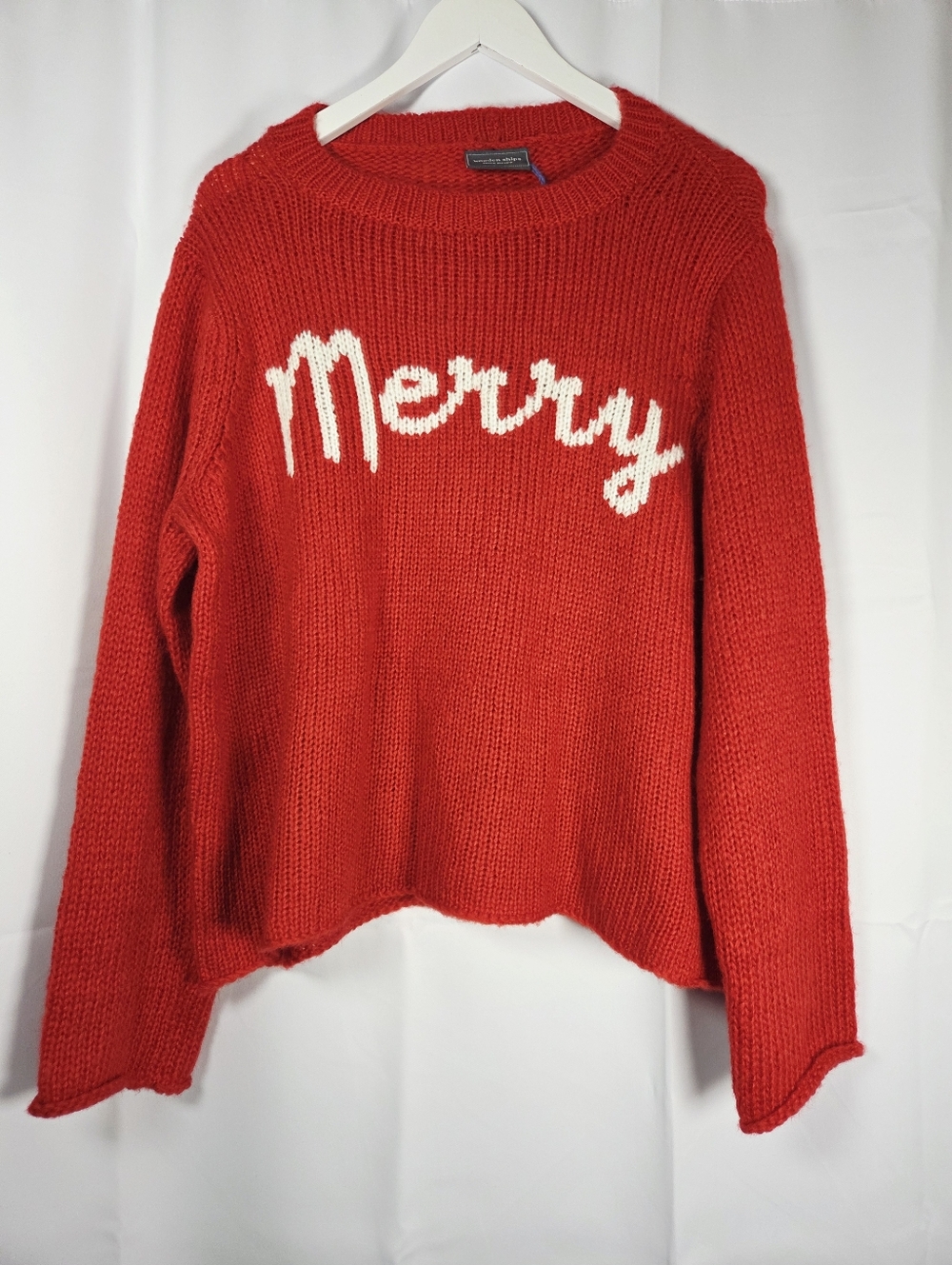 Wooden Ships Red Merry Sweater Women M/L Mohair Wool Open Knit Oversized $14